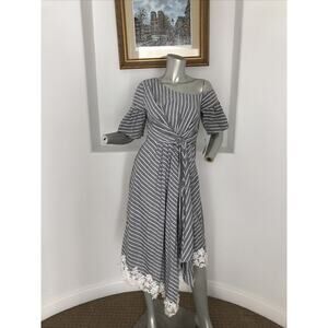 Steele  Asymmetric embroidered Hem Short Sleeve Gray Striped Wrap Dress Size S